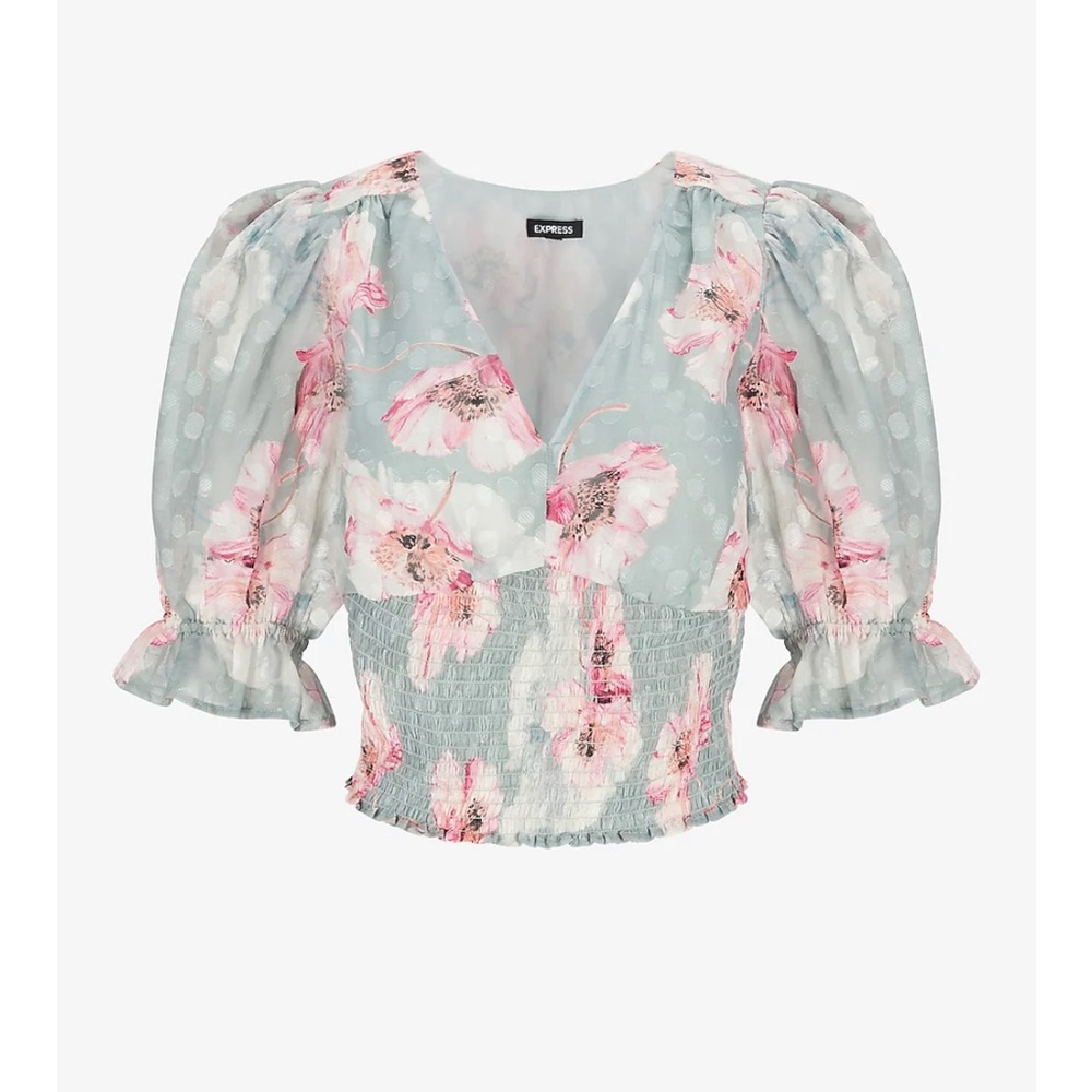 Express Floral Clip Dot Print V-Neck Smocked Cropped Top - Picture 2 of 9